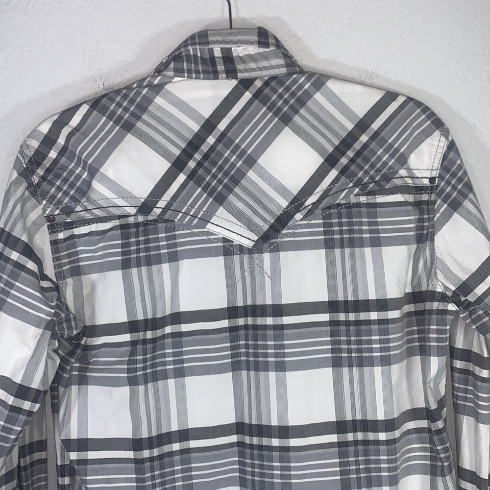 Rock 47 Wrangler Gray White Plaid Western Pearl Snap Shirt Long Sleeve Small - Picture 7 of 9